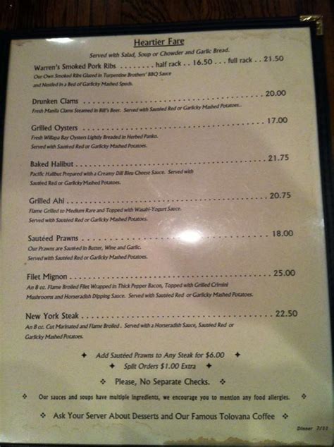 Menu at Warren House Pub, Cannon Beach