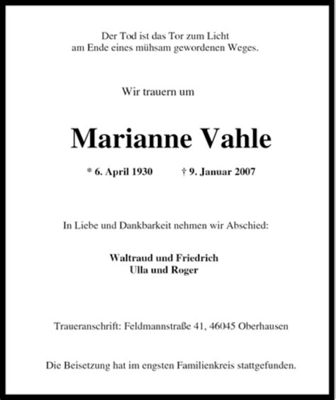 Traueranzeigen Von Marianne Vahle Trauer In NRW De