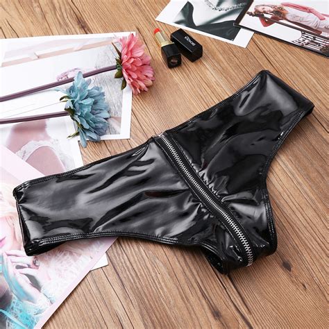 Latex Women Wetlook Leather Open Crotch Briefs Panties Zip Lingerie