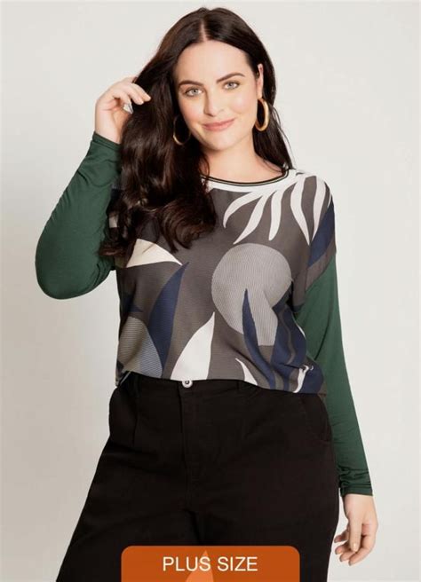 Lunender Mais Mulher Blusa Crepe E Malha Plus Size Verde Em