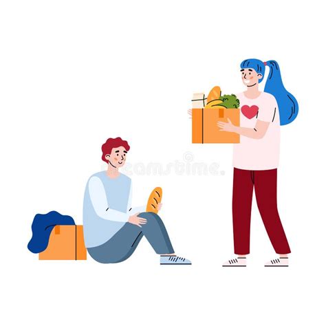 Volunteer Feed Homeless Man Help And Support Stock Vector