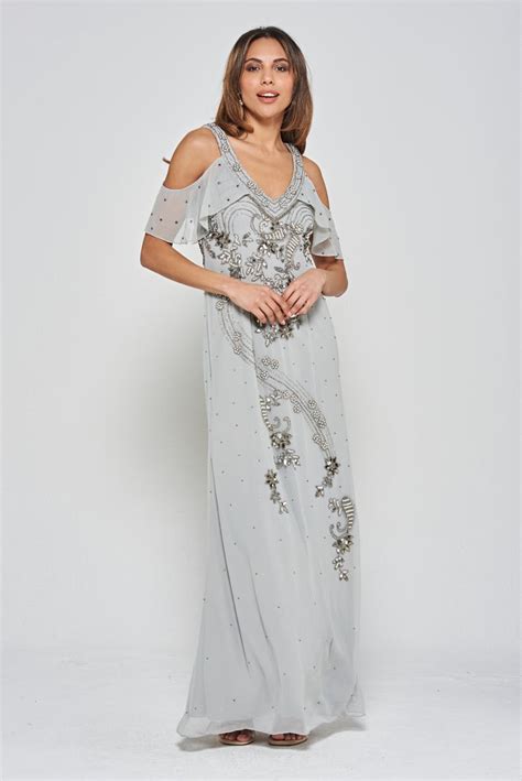 Gali Grey Cold Shoulder Embellished Maxi Dress Frock And Frill