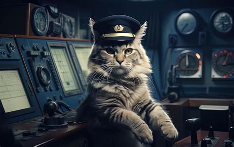 Premium Photo A Cat With A Pilot Hat Sits In An Old Ship