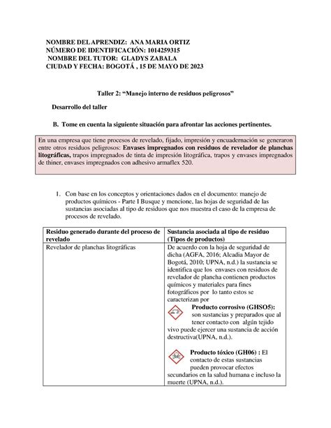 Taller 2 Manejo Interno De Residuos Peligrosos Ana Maria Ortiz
