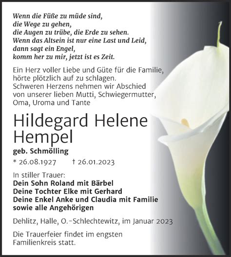 Traueranzeigen Von Hildegard Helene Hempel Abschied Nehmen De