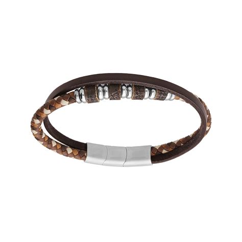 Bracelet En Acier Rangs Cuir V Ritable Noir Et Cordon Tresse Marron