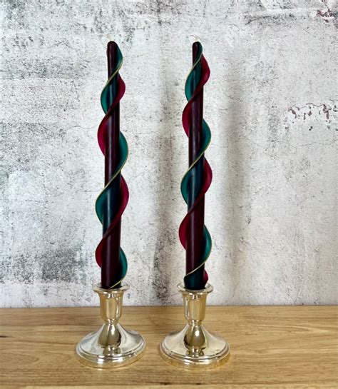 Handmade Double Flare Forest Green And Wine Taper Beeswax Set