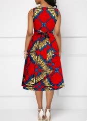 Rotita Zipper Tribal Print Red V Neck Sleeveless Dress Rotita