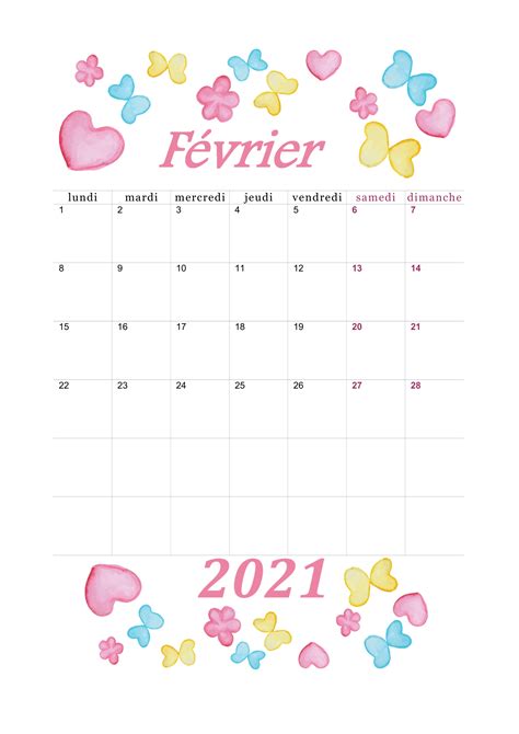 Calendrier de février 2021 en PDF à imprimer