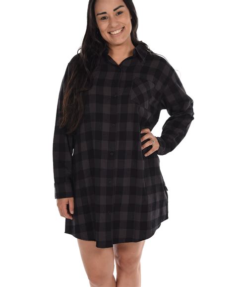 Lazyone Button Up Sleep Shirt Flannel Nightshirts For Women Grey Plaid