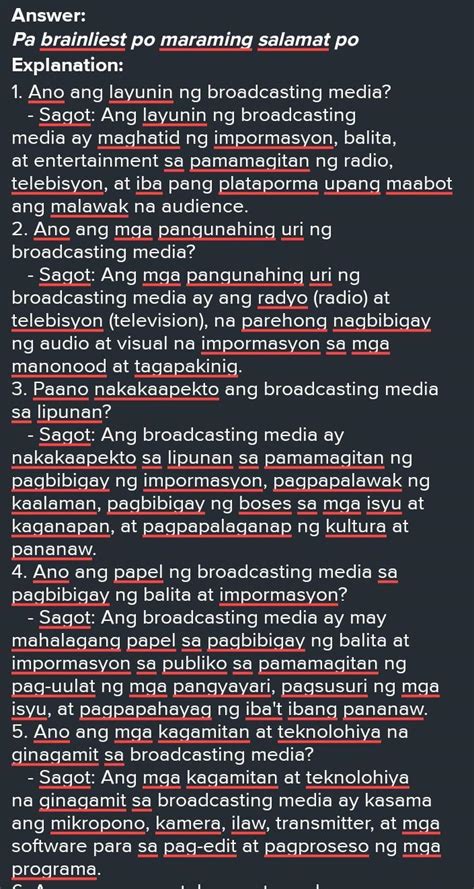 Mag Bigay Ng Sampung Tanong Tungkol Sa Broadcasting Media With Answers