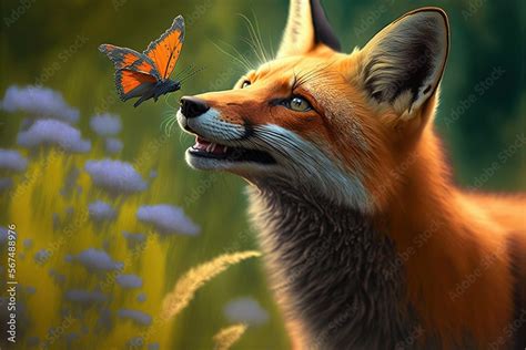 A Painting Of A Fox With A Butterfly On It S Nose And A Butterfly On