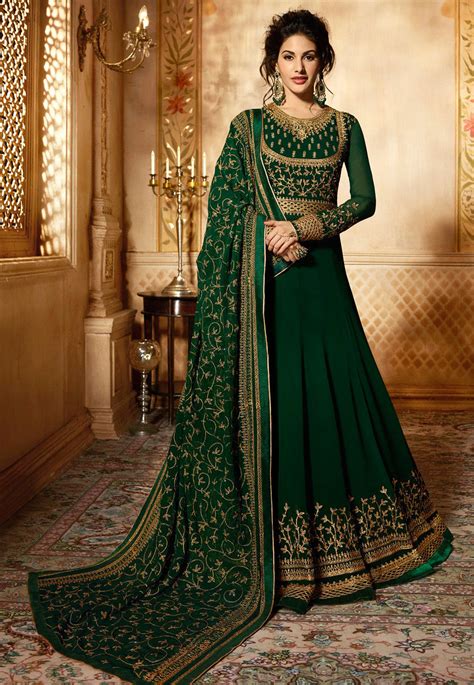 Buy Embroidered Georgette Abaya Style Suit In Dark Green Online