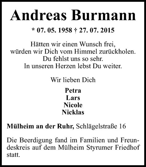 Traueranzeigen Von Andreas Burmann Trauer In Nrw De