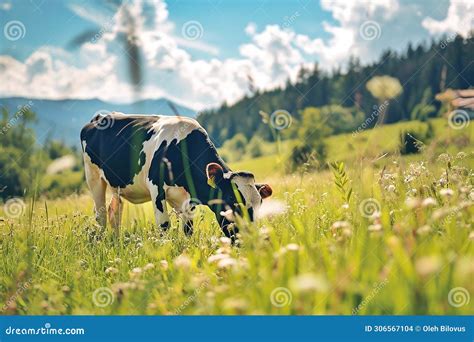 Cow Grazing On A Green Meadow In The Mountains Stock Illustration