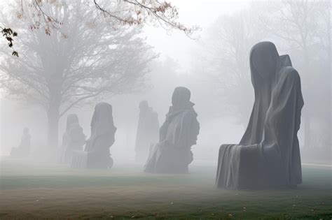 Premium AI Image | Group of unique sculptures emerging from the mist in ...