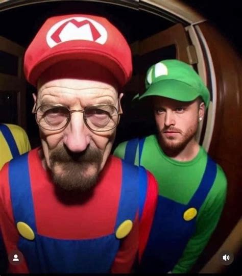 Two Men Dressed As Mario And Luigi Are Standing In Front Of A Mirror