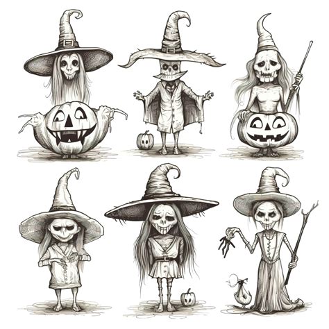 Ilustración De Bocetos De Personajes De Halloween Con Sombrero De Bruja