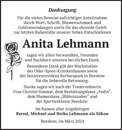 Traueranzeigen von Anita Lehmann Märkische Onlinezeitung Trauerportal