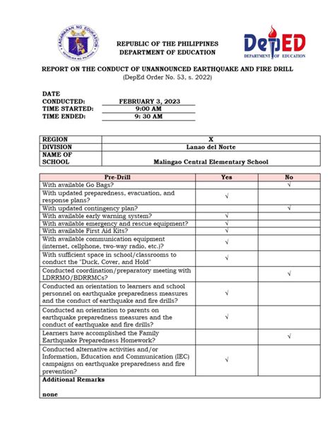 Unannounced Earthquake Drill Report Pdf