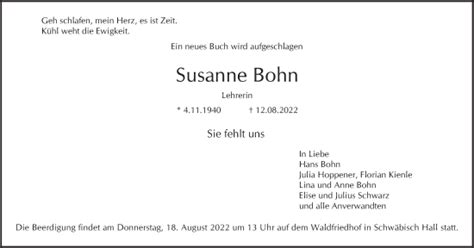 Traueranzeigen Von Susanne Bohn S Dwest Presse Trauer