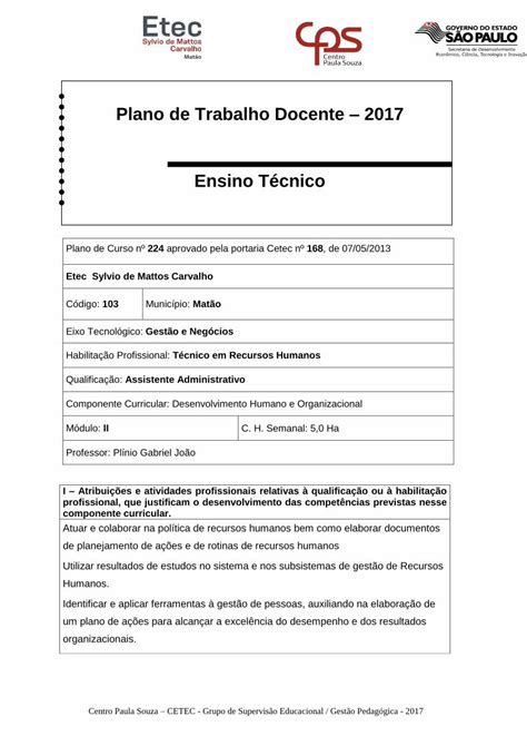 PDF Plano de Trabalho Docente 2017 Ensino Técnico o NBR ISO 10015