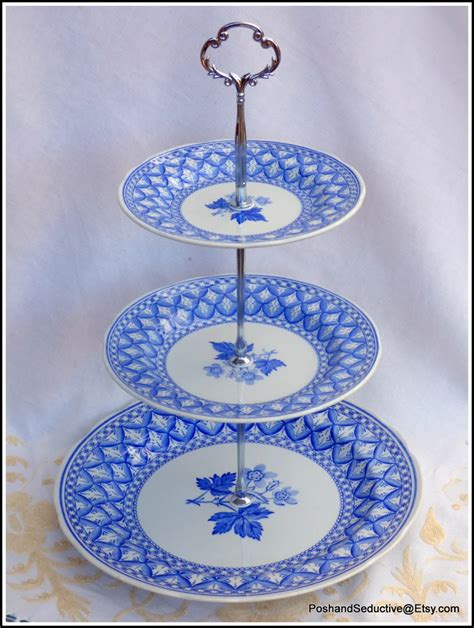 Spode Blue Room Series 3 Tier Cake Stand Geranium Pattern Rare Iconic English Blue And White China