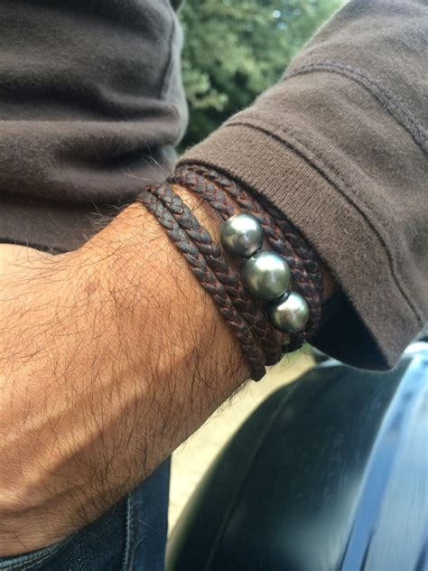 Tahitian Pearls On Braided Leather Unique And Original Men S Bracelet