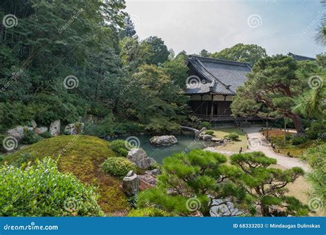 Shrine And Garden In Kyoto Japan Green Trees And Lake Stock Image