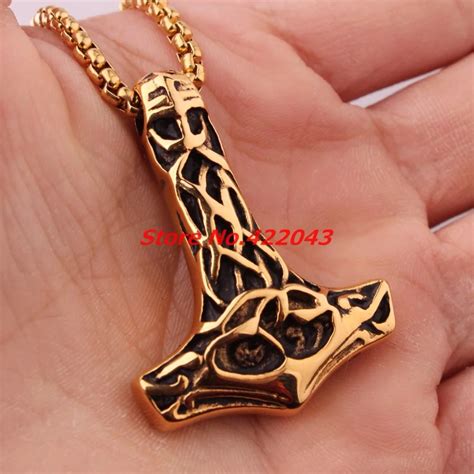 Punk Cool Necklace Viking Gold Thors Hammer Mjolnir Pendants Stainless