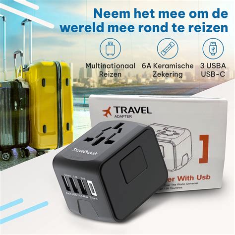 Travelhawk Universele Wereldstekker Met Usb C En Usb Poorten