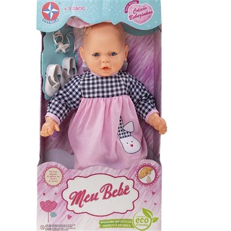 Boneca Meu Bebe Original Estrela Grande Vestido Rosa Xadrez Submarino