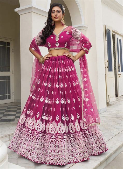 Shop Pink Net Embroidered Umbrella Lehenga Party Wear Online At Best