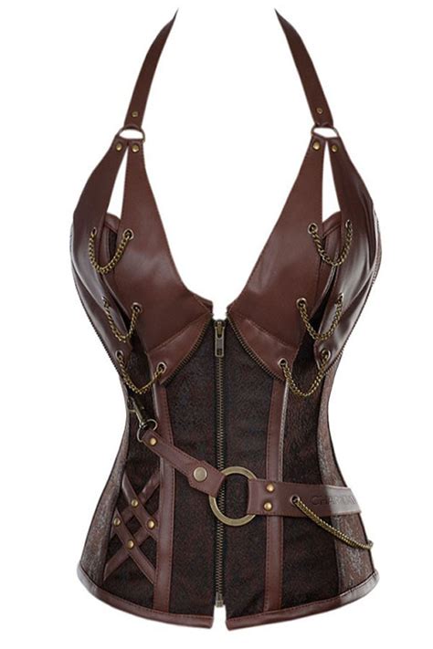 Steel Boned Steampunk Retro Brown Halter Bustier Corset N11082