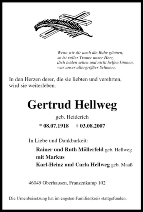 Traueranzeigen Von Gertrud Hellweg Trauer In NRW De