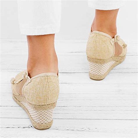 Hot Women Retro Linen Canvas Wedge Sandals Ladies Buckle Round Toe Platform Solid Color Closed