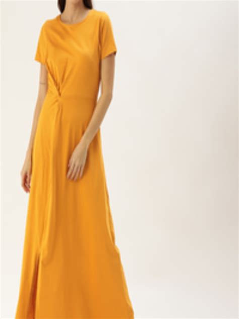 Buy Dressberry Women Mustard Yellow Solid Pure Cotton A Line Midi Dress