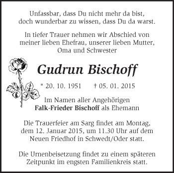 Traueranzeigen Von Gudrun Bischoff M Rkische Onlinezeitung Trauerportal