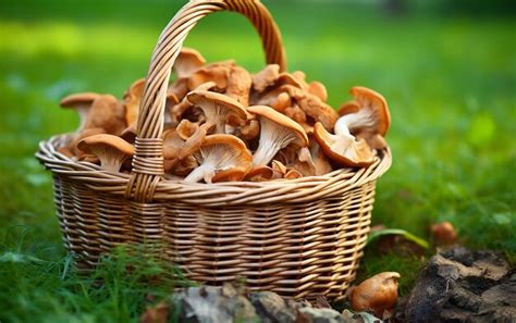 Premium Photo Wicker Basket With Wild Mushrooms Chanterelles