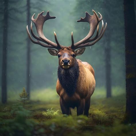 Premium Ai Image Majestic Elk In Rainy Forest Alces Alces Amidst The