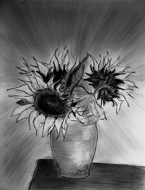 Still Life Vase With 3 Sunflowers Drawing By Jose A Gonzalez Jr