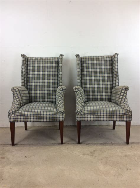 Vintage Pair Of Blue And White Checkered Colonial Wingback Chairs — Apv