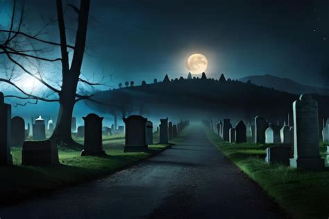 Premium Photo A Spooky Graveyard With A Full Moon In The Background