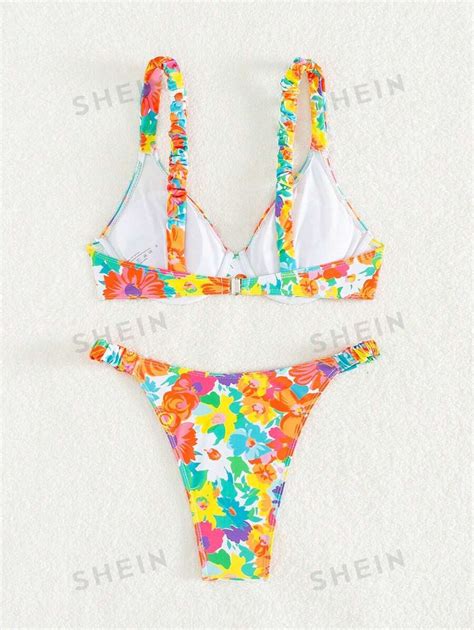 Shein Swim Vcay Summer Beach Random Floral Print Underwire Bikini Set