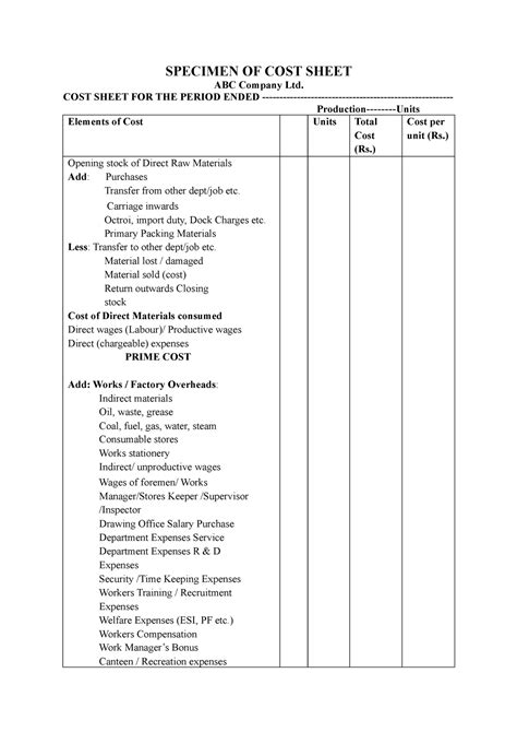 Cost Sheet Specimen Cost Accounting Specimen Of Cost Sheet Abc