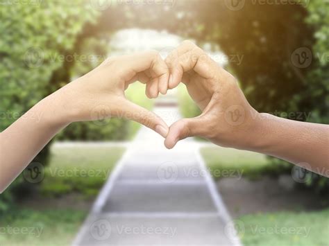 pareja haciendo forma de corazón con las manos en el parque 10220292