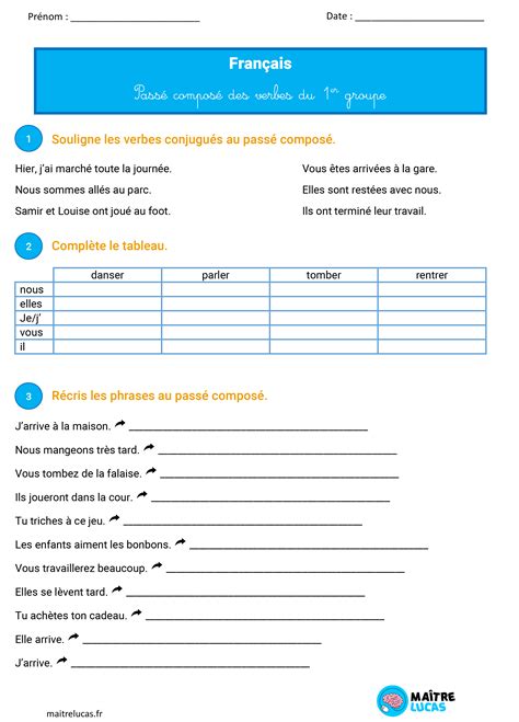 Fiches Passé composé verbe en er pour CE2 CM1 CM2 Maître Lucas