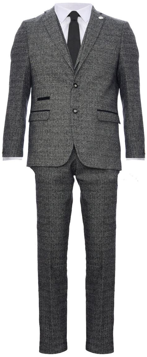 Herren Hellgrau 3 Teile Tweed Anzug Fischgräten Wolle Retro Peaky