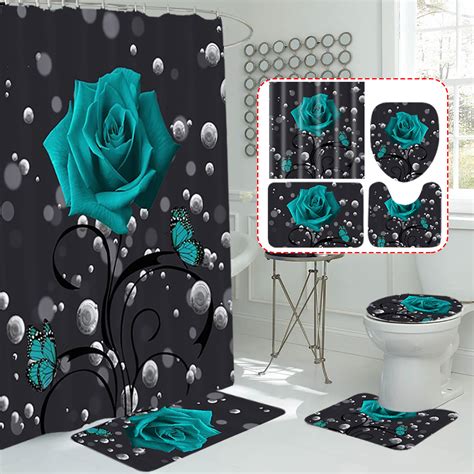 Bshapplus 16pc Dark Blue Rose Valentines Day Shower Curtain Set With