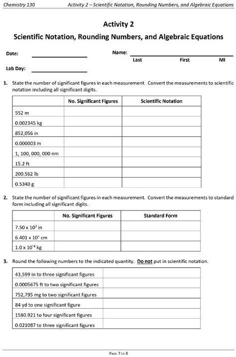 Solved Chemistry 130 Activity Scientific Notation Rounding Numbers And Algebraic Equations